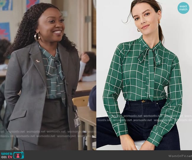 Ann Taylor Windowpane Tie Neck Blouse worn by Janine Teagues (Quinta Brunson) on Abbott Elementary