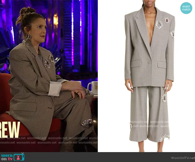 Area Distressed Crystal Relaxed Fit Check Wool Blazer worn by Drew Barrymore on The Drew Barrymore Show