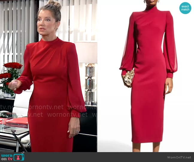 Badgley Mischka Collection Twist Mock-Neck Georgette-Sleeve Midi Dress worn by Nina Reeves (Cynthia Watros) on General Hospital