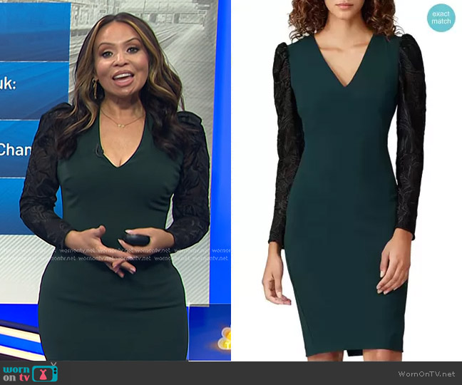 Badgley Mischka Lace Sleeve Sheath Dress in Emerald worn by Adelle Caballero on Today