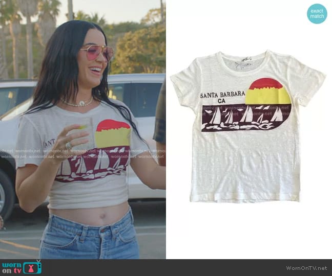 Banner Day Santa Barbara Embroidered Cropped Linen Tee in Bone worn by Katy Perry on American Idol