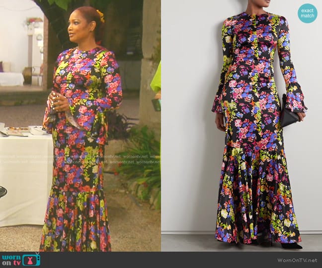 Caroline Constas Allonia Gown in Black Multi Summer Floral worn by Garcelle Beauvais on The Real Housewives of Beverly Hills