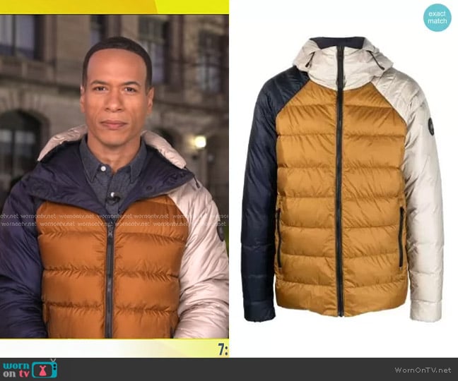 Canada Goose Black Label Legacy Reversible Down Jacket in Blue & Tan worn by Alex Perez on Good Morning America