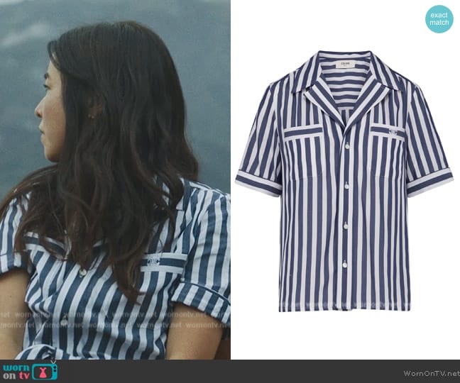 Celine Blouse with open collar in striped lyocell worn by Jane Smith (Maya Erskine) on Mr. & Mrs. Smith