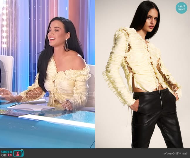 Christopher Esber Sequence Ruffled Silk Lace-Up Top worn by Katy Perry on American Idol