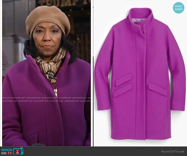 J. Crew Cocoon Coat Italian stadium-cloth wool blend Bright Plum worn by Rehema Ellis on NBC News Daily