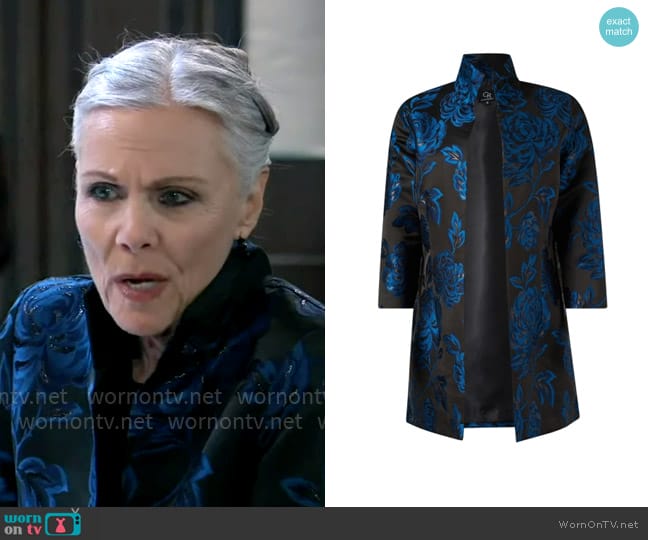 Connie Roberson Rita Black and Blue Floral Jacket worn by Tracy Quartermaine (Jane Elliot) on General Hospital