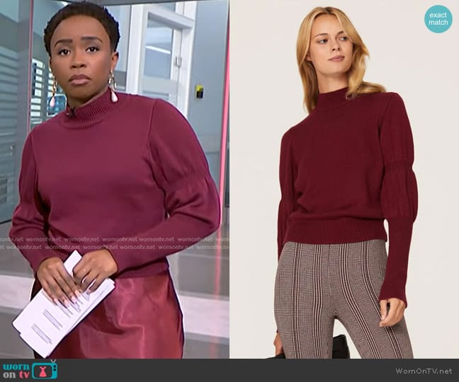 Derek Lam Collective Puff Sleeve Sweater in Maroon worn by Zinhle Essamuah on NBC News Daily