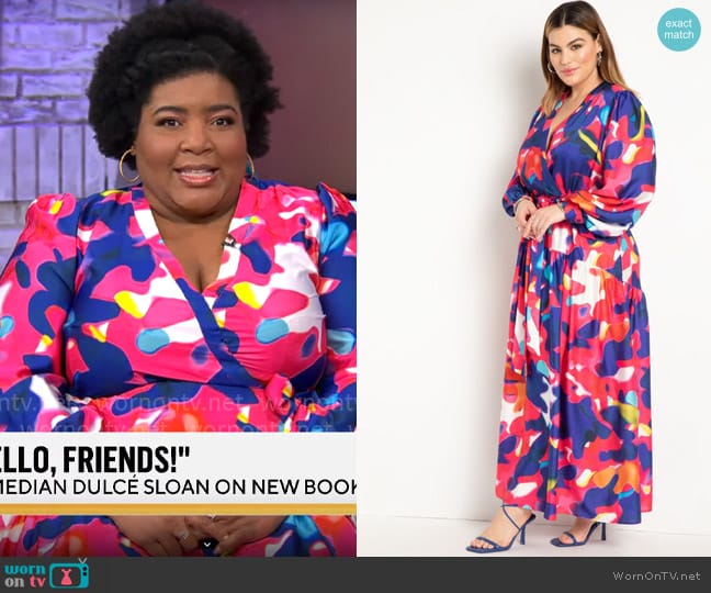 Eloquii Printed Maxi Dress in Kaledoscop Blur worn by Dulcé Sloan on CBS Mornings