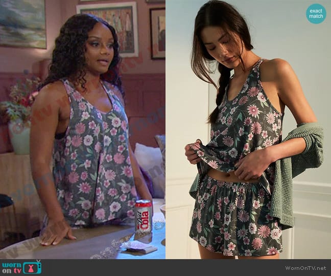 Flora Nikrooz Stephanie Floral Pajama Set worn by Chanel Dupree (Raven Bowens) on Days of our Lives