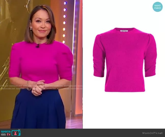 Frame Ruched Sleeve Cashmere-Wool Sweater in Magenta worn by Eva Pilgrim on Good Morning America