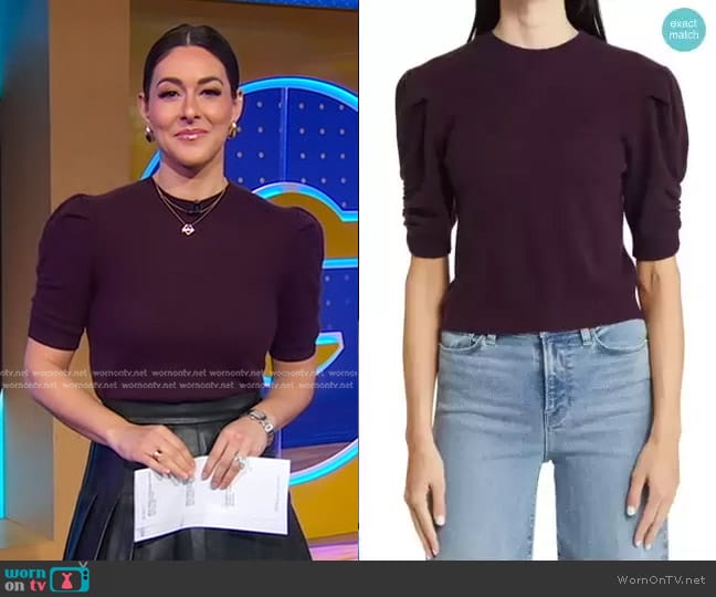 Frame Ruched Sleeve Recycled Cashmere Blend Sweater in Plum worn by Erielle Reshef on Good Morning America