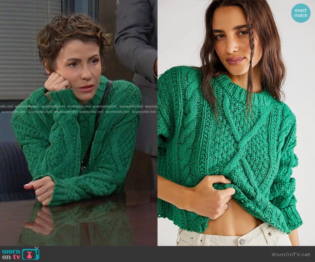 Free People Cutting Edge Cotton Cable Sweater in Green Bee worn by Sarah Horton (Linsey Godfrey) on Days of our Lives