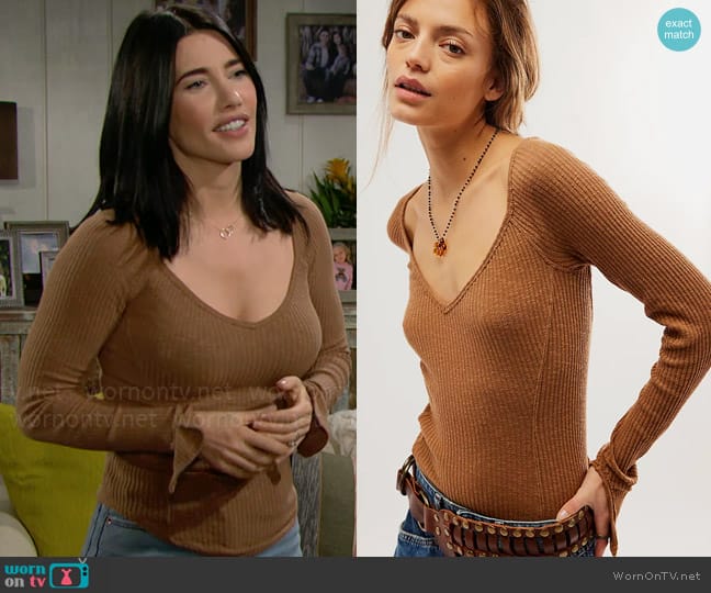 Free People Passing Thru Layering Tee in Oiled Oak worn by Steffy Forrester (Jacqueline MacInnes Wood) on The Bold and the Beautiful