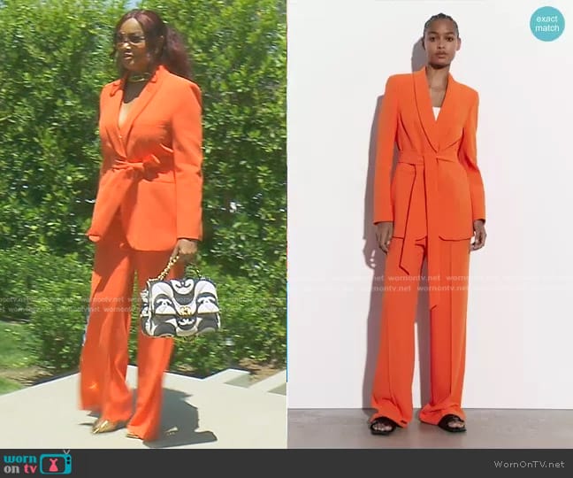 Zara Belted Tuxedo Collar Blazer and Pants worn by Garcelle Beauvais on The Real Housewives of Beverly Hills