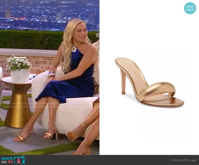 Gianvito Rossi Fashion Bijoux Leather Mules in Gold worn by Sutton Stracke on The Real Housewives of Beverly Hills