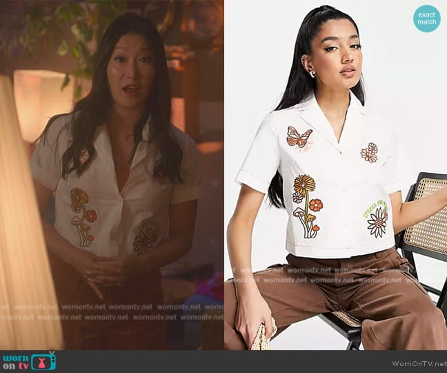 ASOS Glamorous boxy white shirt with retro embroidery worn by Kara Wang (Kara Wang) on Good Trouble