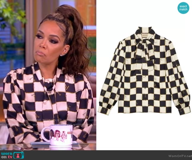 Gucci Checkerboard silk shirt worn by Sunny Hostin on The View