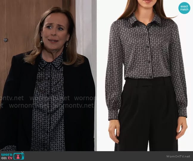 Halogen Geo Print Layered Collar Button-Up Shirt worn by Laura Collins (Genie Francis) on General Hospital