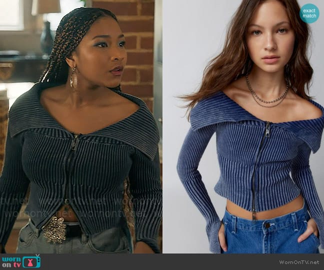 Jaded London Off-The-Shoulder Zip-Up Cardigan worn by Delilah (Laya DeLeon Hayes) on The Equalizer