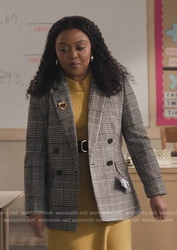 Janine’s gray plaid double breasted blazer on Abbott Elementary