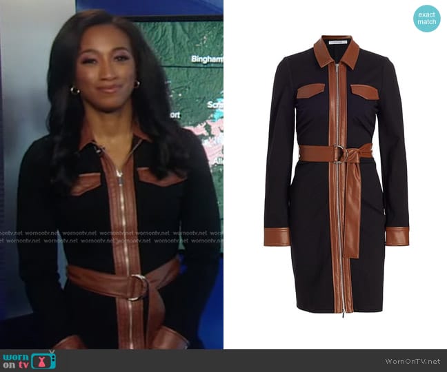 Derek Lam 10 Crosby Jayda Vegan Leather-Trim Shirtdress in Black worn by Brittany Bell on Good Morning America