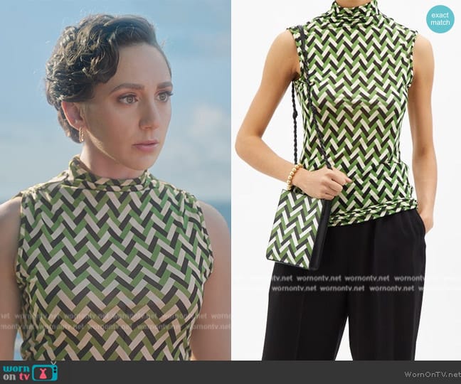 Jil Sander Herringbone Print Silk Jersey Sleeveless Top worn by Anna (Lauren Patten) on Death and Other Details