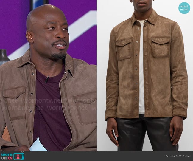 John Varvatos Izzy Goat Suede Overshirt worn by Akbar Gbajabiamila on The Talk