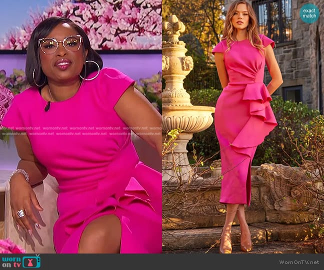 Jovani Cap Sleeve Sheath Tea Length Evening Dress - 23856 in Fuchsia worn by Jennifer Hudson on The Jennifer Hudson Show