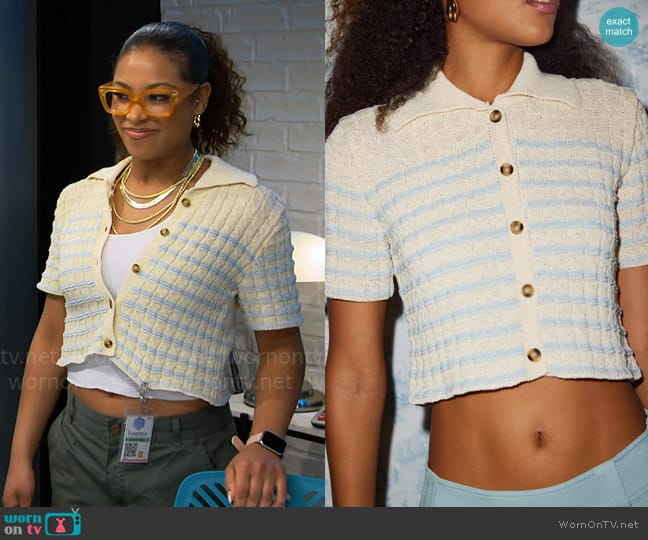 Kimchi Blue at Urban Outfitters Oliver Button-Down Polo Sweater worn by Courtney (Skye Townsend) on The Neighborhood