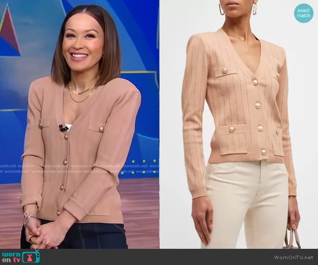 L'Agence Calypso Pointelle Cardigan in Dusty Pink worn by Eva Pilgrim on Good Morning America