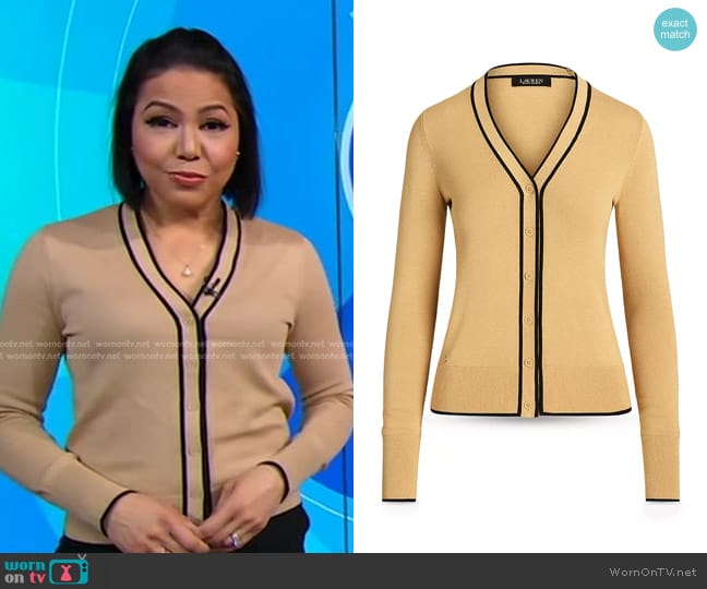 Lauren Ralph Lauren Tipped V Neck Cardigan worn by Stephanie Ramos on Good Morning America