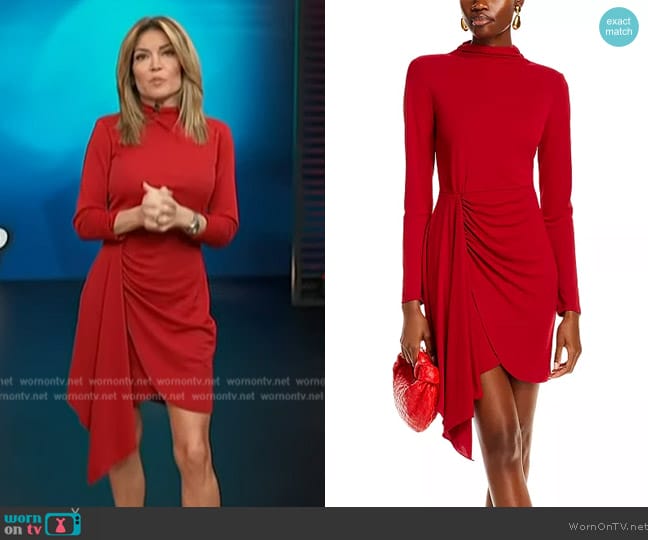 Aqua Long Sleeve Jersey Mock Neck Wrap Skirt Dress worn by Kit Hoover on Access Hollywood