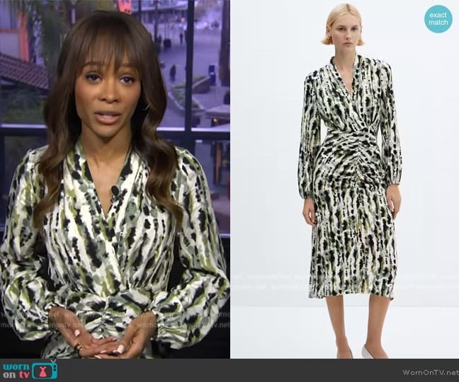 Mango Printed dress with ruffled detail worn by Zuri Hall on Access Hollywood