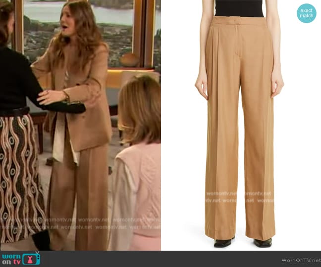 Max Mara Zorrow Pleated Wide Leg Silk Trousers worn by Drew Barrymore on The Drew Barrymore Show