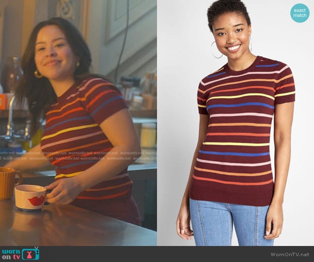 Modcloth Charter School Sweater in Burgundy Stripe worn by Mariana Foster (Cierra Ramirez) on Good Trouble