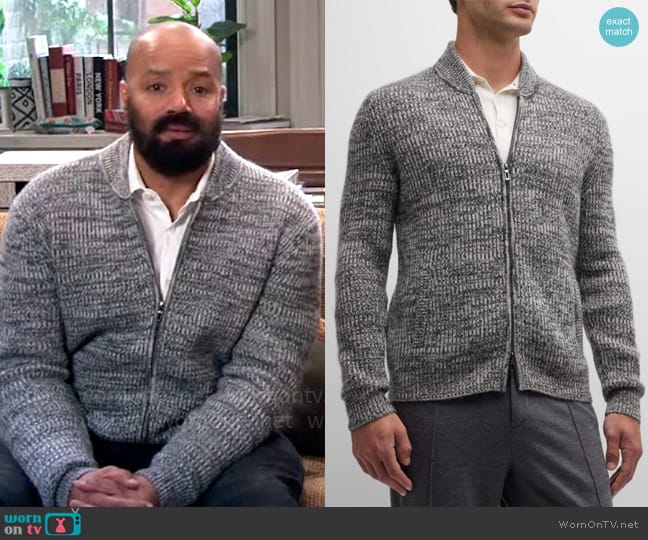 Neiman Marcus Cashmere Collection Cashmere Knit Full-Zip Sweater worn by Trey Taylor (Donald Faison) on Extended Family