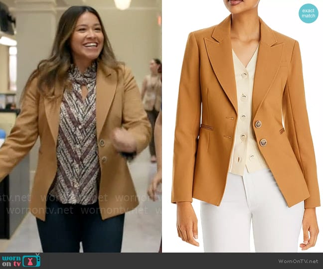 Paige Chelsee Blazer in Caramel worn by Nell Serrano (Gina Rodriguez) on Not Dead Yet