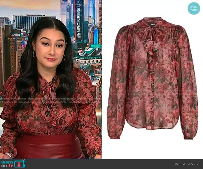 Paige Elynne Floral Tie-Neck Blouse worn by Morgan Radford on NBC News Daily