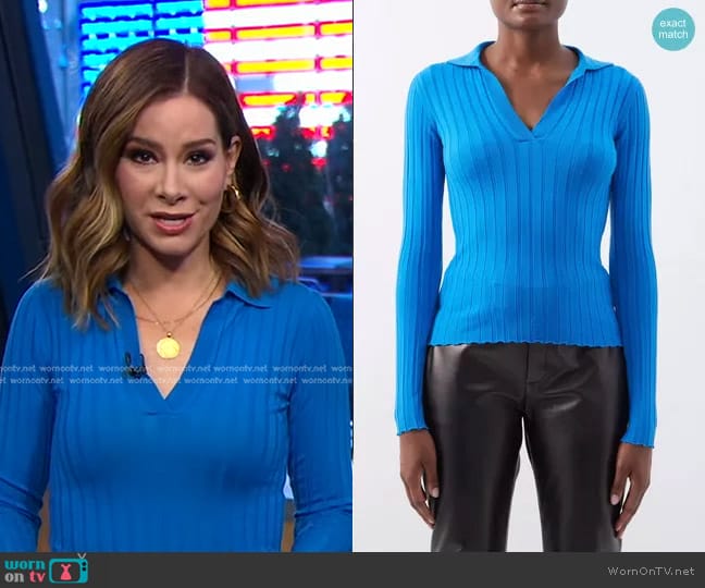 Petar Petrov Fiora Ribbed-Knit Merino Polo Top worn by Rebecca Jarvis on Good Morning America