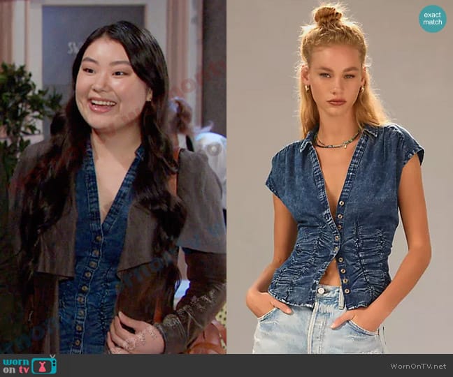 Pilcro Ruched Denim Blouse worn by Wendy Shin (Victoria Grace) on Days of our Lives