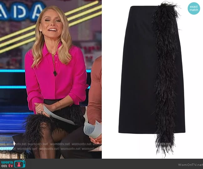 Prada Feather-Trimmed Wool Midi-Skirt worn by Kelly Ripa on Live with Kelly and Mark