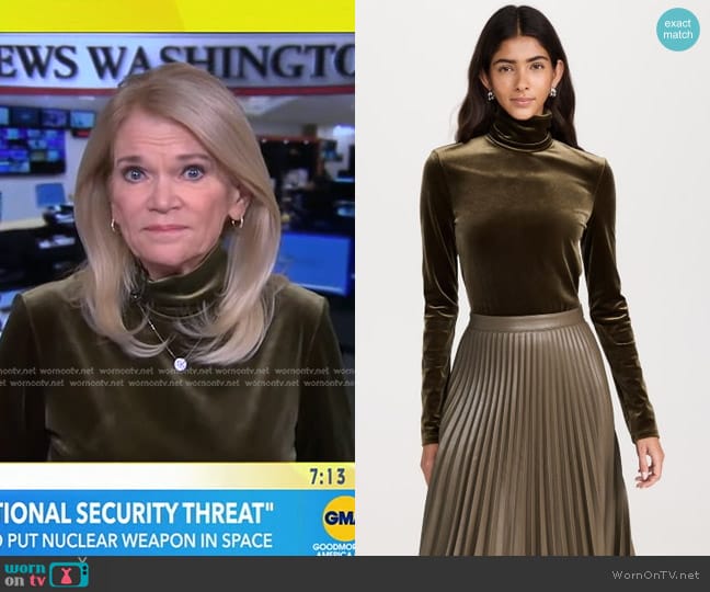 Proenza Schouler White Label Stretch Velvet Turtleneck Top in Military worn by Martha Raddatz on Good Morning America