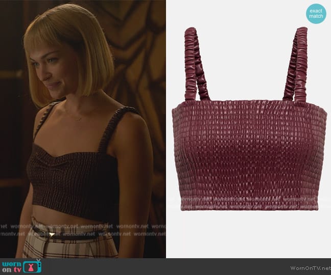 Imogene’s burgundy leather top on Death and Other Details