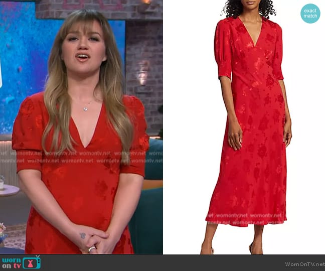 Rixo Zadie Floral-Jacquard Midi-Dress worn by Kelly Clarkson on The Kelly Clarkson Show