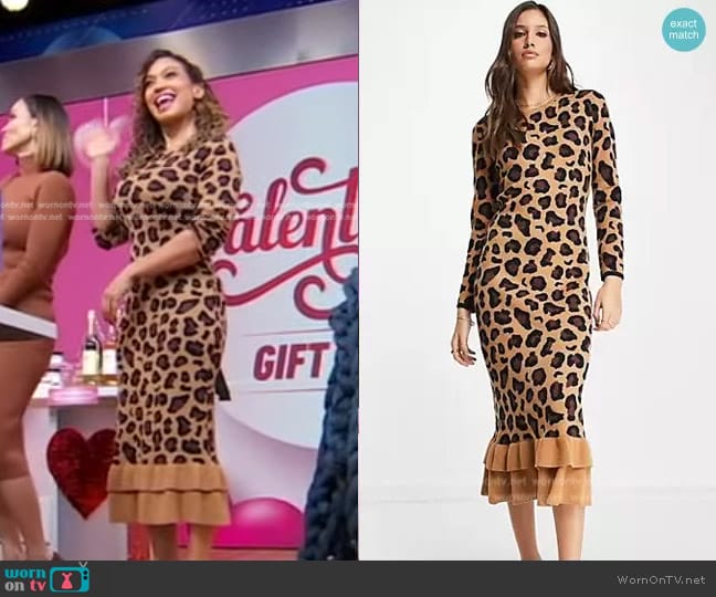 Never Fully Dressed Ruffle Knit Midi Dress in leopard print worn by Milly Almodovar on Good Morning America