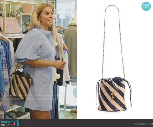 Saint Laurent Alix Stripe Leather Bucket Bag worn by Robyn Dixon on The Real Housewives of Potomac