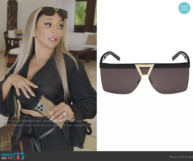 Saint Laurent Palace 99MM Shield Sunglasses worn by Karen Huger on The Real Housewives of Potomac