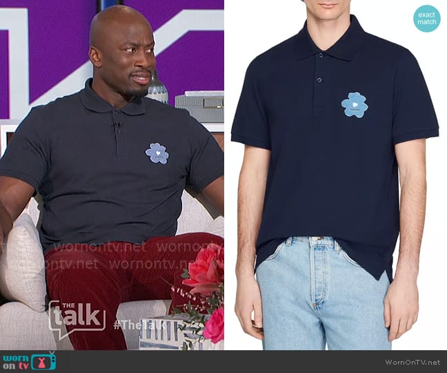 Sandro Flower Embroidery Piqué Cotton Polo Shirt worn by Akbar Gbajabiamila on The Talk