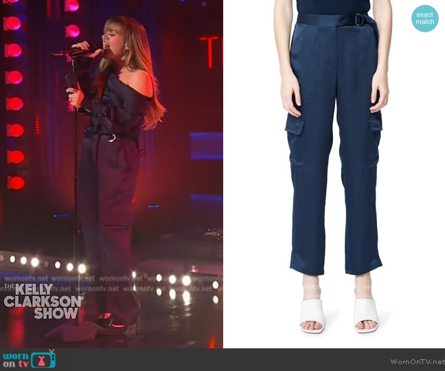 Kelly’s navy satin pants on The Kelly Clarkson Show